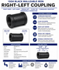 150# Black Malleable Iron Right-Left Coupling specifications and application guide showing right-hand and left-hand female NPT threads, Class 150 pressure rating, black corrosion-resistant finish, dimensional information, features, common industrial applications, and available sizes from 1/2 inch through 2 inches.