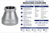 150# Galvanized Malleable Iron Reducing Coupling specification chart featuring hot-dip galvanized corrosion-resistant finish, Class 150 pressure rating, female NPT threaded reducing connections, available in sizes from 1/4 inch x 1/8 inch through 4 inch x 3 inch, and common applications including plumbing, industrial, mechanical, fire protection, and commercial piping systems.