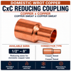 Domestic wrot copper reducing coupling product information showing copper sweat x copper sweat reducing connection, available reducing sizes from 1/4 inch x 1/8 inch through 4 inch x 3 inch, and applications for potable water, hydronic heating, HVAC, and mechanical piping systems.