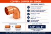 Domestic Wrot Copper x Copper 90° Elbow featuring copper sweat (solder) x copper sweat (solder) connections with available sizes from 1/8" through 8" for reliable 90-degree directional changes in copper piping systems.