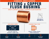 Domestic Wrot Copper Fitting x Copper Flush Bushing featuring a fitting end x copper sweat (solder) reducing connection with available sizes from 1/4" x 1/8" through 2" x 1-1/2" for reducing copper piping systems while maintaining a flush installation.