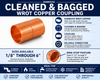 Domestic cleaned and bagged wrot copper coupling infographic showing sizes from 1/8 inch through 6 inches, with an internal ring stop on sizes 2-1/2 inches through 4 inches.
