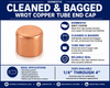 Domestic cleaned and bagged wrot copper tube end cap infographic showing product features, applications, and available sizes from 1/4 inch through 4 inches.