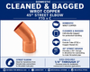 Domestic Cleaned & Bagged Wrot Copper 45° Street Elbow – FTG x C information guide showing domestic wrot copper construction, cleaned and bagged packaging, female tube (FTG) x copper sweat (C) connection, 45° street elbow design, and available sizes from 1/4" through 3".
