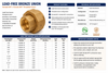 Lead-free bronze union specifications showing female NPT connections, product features, technical specifications, available sizes, Charman item numbers, weights, packaging quantities, and ordering information.
