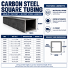 Carbon steel square tubing specification guide showing A500 structural and A513 mechanical tubing, dimensions, wall thickness, sizes, weight per foot and custom cut options.