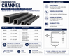 Carbon steel channel specification guide showing 20-foot stock lengths, NIM item numbers, channel sizes, ASTM specifications, weight per foot, dimensions and custom cut options.