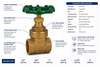 Lead-free brass CC full port gate valve with green handwheel showing copper sweat connections, features, technical specifications, pressure rating, and available sizes.