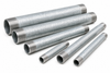 Large diameter galvanized steel precut pipe nipples infographic showing Schedule 40 construction, threaded ends, sizes from 2-1/2 inch to 4 inch, available lengths from 18 inch to 72 inch, specifications, features, and common applications.