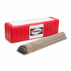 Harris E6011 mild steel stick welding electrodes with red Harris electrode tube and coated welding rods on a clean white background.
