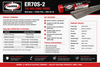Harris ER70S-2 TIG welding rod specifications showing AWS A5.18 classification, available diameters, package sizes, shielding gas, features, and applications