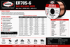 Harris ER70S-6 MIG welding wire specifications showing available diameters, spool and drum options, AWS classification, shielding gas, features, and applications