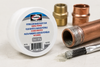 Harris Petroleum-Based Paste Soldering Flux with copper pipe, fittings, and flux application brush