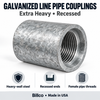 Billco galvanized line pipe extra heavy recessed coupling features graphic: heavy-wall steel, recessed ends, female pipe threads