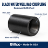 Representative features graphic: Billco black water well R&D coupling, reamed and drifted style, black steel, female pipe thread, made in USA.
