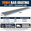 19W4 bar grating chart showing two bearing bar sizes, SKUs, whole-panel weights and 3-by-20-foot dimensions, with oversize freight requirements.