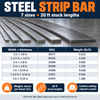 Steel strip bar chart showing seven width-and-thickness options, matching SKUs, weights per foot and 20-foot stock lengths.
