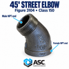 Black malleable iron 45° street elbow, Figure 3104, Class 150 showing male npt end and female npt end