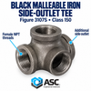 Figure 3107S black side-outlet tee showing labeled female NPT connections and additional side outlet