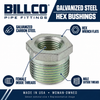 Billco Galvanized Steel Hex Bushings feature image showing galvanized carbon steel, male outside threads, female inside threads, hex wrench flats