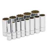 Urrea 3/8" SAE Deep Socket Set 13Pc Chrome Finish w/Socket Rail