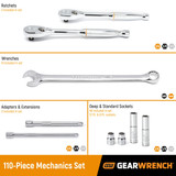 GearWrench 110 Piece 1/4 Inch, 3/8 Inch & 1/2 Inch Drive 6 & 12 Point Standard & Deep SAE/Metric Mechanics Tool Set - 89058