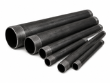 Group of large diameter black steel precut pipe nipples with threaded ends, shown in multiple sizes and longer lengths on a clean white background.