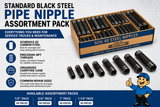 Standard black steel pipe nipple assortment pack for service trucks and maintenance with organized carrying case and common repair sizes