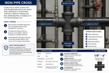 150# Black Malleable Iron Pipe Cross specifications and application guide showing a four-way female NPT threaded cross fitting with labeled branch outlets and main run, Class 150 pressure rating, black malleable iron construction, product features, specifications, common industrial applications, and available sizes from 1/8 inch through 6 inches.