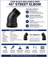 150# Black Malleable Iron 45° Street Elbow Specifications, Features, Applications and Available Sizes 1/8" Through 6"