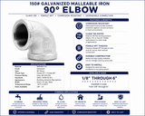 150# Galvanized Malleable Iron 90° Elbow with female NPT threaded connections, available in sizes from 1/8 inch through 6 inch for changing the direction of threaded pipe by 90 degrees in plumbing, industrial, mechanical, fire protection, and commercial piping systems.