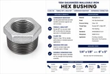150# Galvanized Malleable Iron Hex Bushing specification chart featuring hot-dip galvanized corrosion-resistant finish, Class 150 pressure rating, female NPT x male NPT threaded reducing connections, available in sizes from 1/4 inch x 1/8 inch through 6 inch x 5 inch, and common applications including plumbing, industrial, mechanical, fire protection, and commercial piping systems.