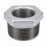 150# Galvanized Malleable Iron Hex Bushing with female NPT x male NPT threaded connections, available in reducing sizes from 1/4 inch x 1/8 inch through 6 inch x 5 inch for connecting larger threaded pipe or fittings to smaller pipe sizes in plumbing, industrial, mechanical, fire protection, and commercial piping systems.