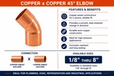 Domestic Wrot Copper x Copper 45° Elbow featuring copper sweat (solder) x copper sweat (solder) connections with available sizes from 1/8" through 8" for reliable 45-degree directional changes in copper piping systems.