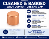 Domestic cleaned and bagged wrot copper tube end cap infographic showing product features, applications, and available sizes from 1/4 inch through 4 inches.
