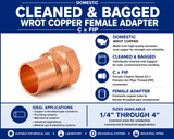 Domestic cleaned and bagged wrot copper female adapter C x FIP infographic showing product features, applications, and available sizes from 1/4 inch through 4 inches.