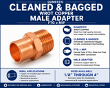 Domestic Cleaned & Bagged Wrot Copper Male Adapter – FTG x MIP information guide showing domestic wrot copper construction, cleaned and bagged packaging, female tube (FTG) x male iron pipe (MIP) connection, and available sizes from 1/2" through 1".