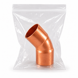 Domestic Cleaned & Bagged Wrot Copper 45° Elbow – C x C in sealed protective bag for medical gas, laboratory, mechanical, and industrial copper piping systems.
