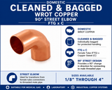 Domestic Cleaned & Bagged Wrot Copper 90° Street Elbow – FTG x C information guide showing domestic wrot copper construction, cleaned and bagged packaging, female tube (FTG) x copper sweat (C) connection, 90° street elbow design, and available sizes from 1/4" through 3".