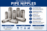 316 Stainless Steel Schedule 40 Pipe Nipples – Sizes 1/8 Inch Through 4 Inch