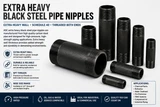 ASC extra heavy black steel pipe nipples – heavy wall, NPT threaded both ends, sizes 1/2 inch through 6 inch