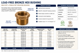 Lead-free bronze hex bushing technical guide showing male NPT and female NPT connections, product features, specifications, sizing and ordering information.