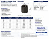 Charman black steel merchant coupling specification guide showing female threaded connections, dimensions, available sizes, item numbers, weights, applications, and ordering information.