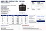 Charman black steel merchant half coupling specification guide showing female threaded connections, dimensions, available sizes, item numbers, weights, applications, and ordering information.