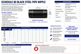 Charman Schedule 80 extra-heavy black steel pipe nipple specifications, sizes 1/8" through 2", lengths through 6", male NPT threaded both ends.