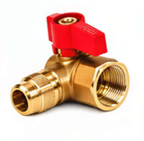 Charman brass angle gas ball valve with red quarter-turn handle and flare x FIP connections