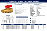 Charman straight flare gas ball valve specifications, dimensions, connection sizes, 600 WOG rating, and SKUs 850 through 853