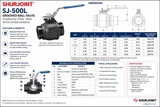 Shurjoint SJ-500L grooved ball valve technical specifications, dimensions, materials, pressure ratings, and sizes 1-1/2 inch through 6 inch.
