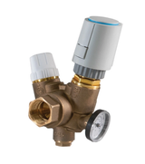 Jomar TB-150G RecircSetter lead-free brass thermostatic balancing valve with actuator and temperature gauge for domestic hot water recirculation systems.