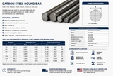 Secondary image alt text: A36 hot rolled carbon steel round bar technical specifications showing diameter reference, available sizes and weights, material specifications, common applications, custom cut lengths, and shipping information from GetPipe.com.